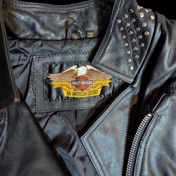 Vtg Harley Davidson Black Leather Jacket Studded Detailing Zippers Moto Sz L - Picture 9 of 14